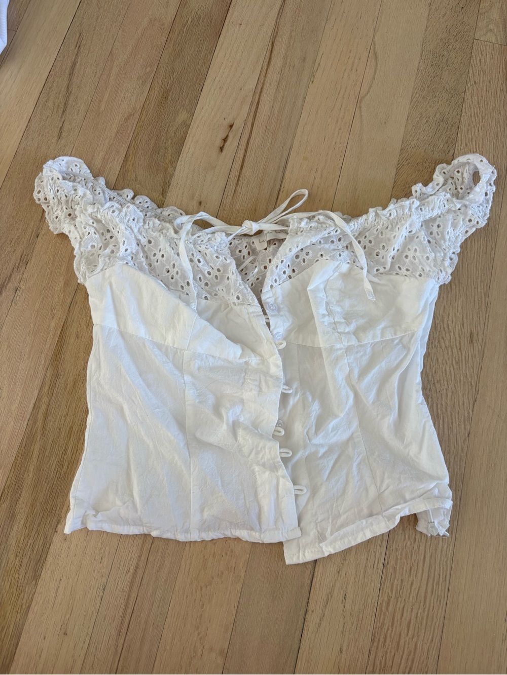 White Eyelet Off-Shoulder Button Front Top